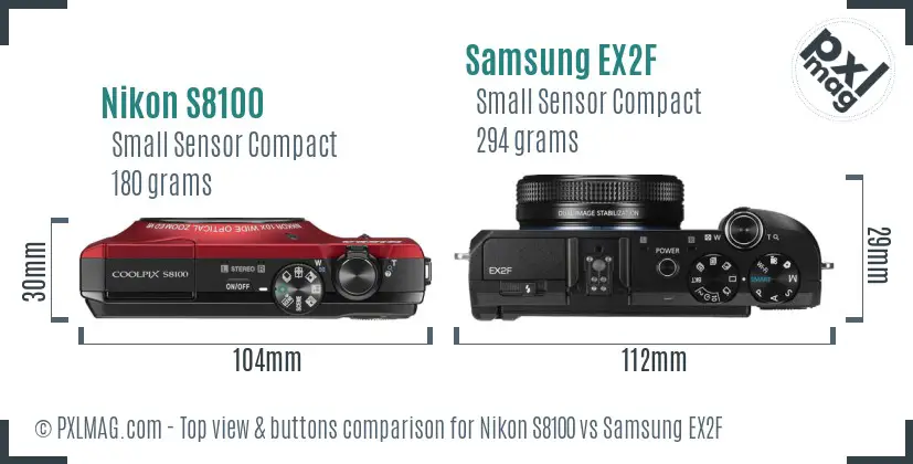 Nikon S8100 vs Samsung EX2F top view buttons comparison