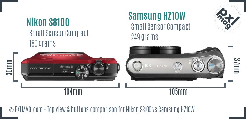 Nikon S8100 vs Samsung HZ10W top view buttons comparison
