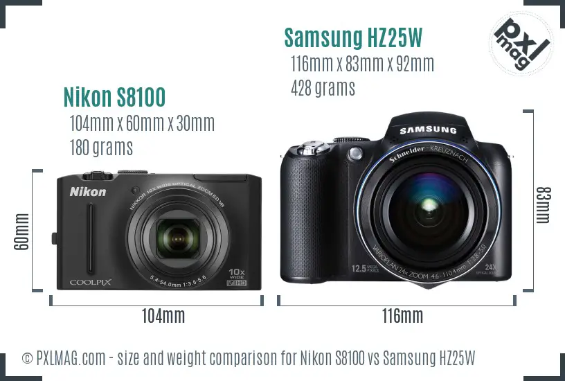 Nikon S8100 vs Samsung HZ25W size comparison