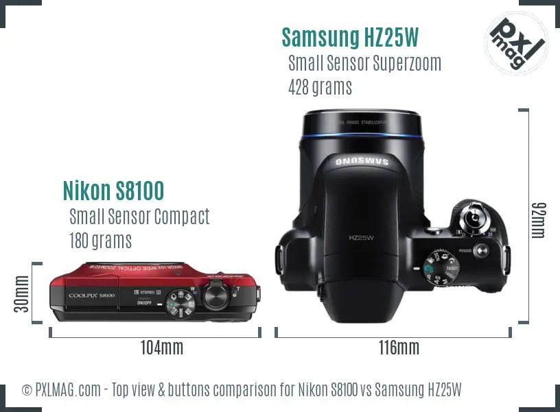 Nikon S8100 vs Samsung HZ25W top view buttons comparison