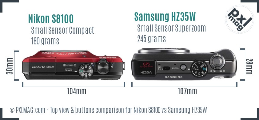 Nikon S8100 vs Samsung HZ35W top view buttons comparison