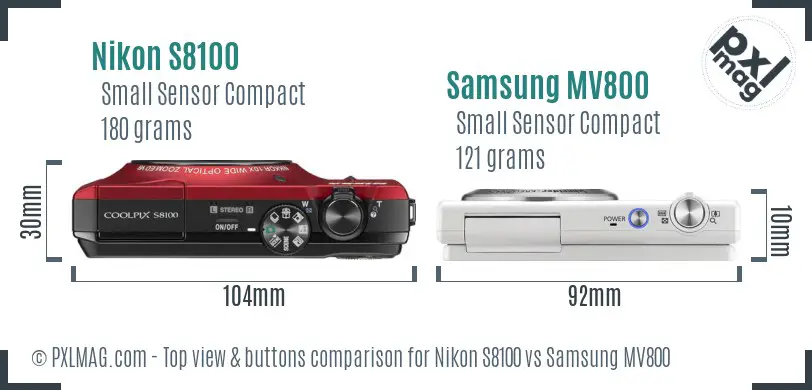 Nikon S8100 vs Samsung MV800 top view buttons comparison Nikon S8100 vs Samsung MV800 top view buttons comparison