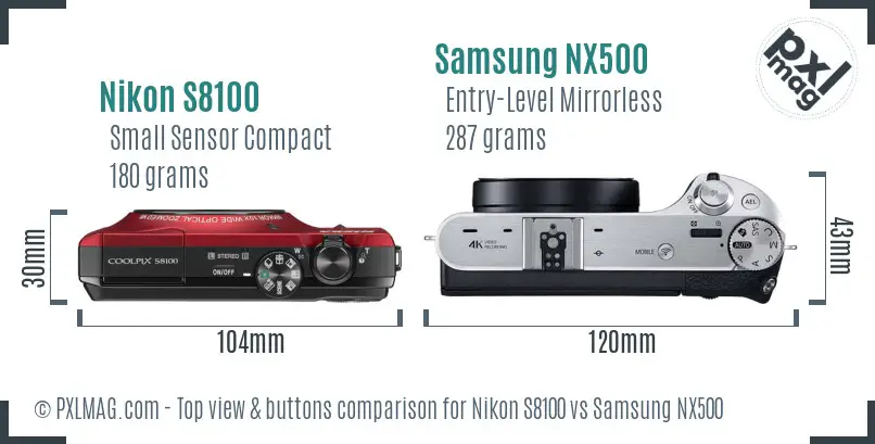 Nikon S8100 vs Samsung NX500 top view buttons comparison