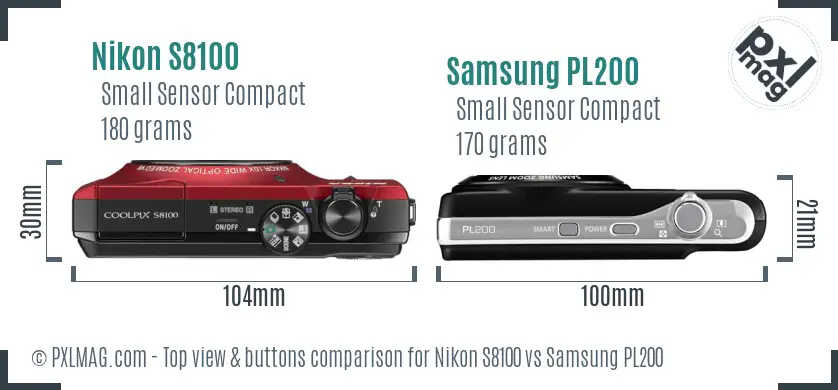 Nikon S8100 vs Samsung PL200 top view buttons comparison