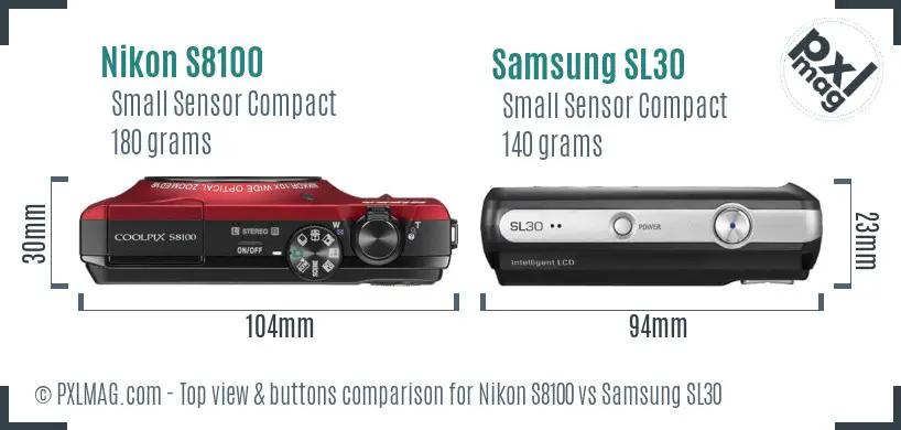 Nikon S8100 vs Samsung SL30 top view buttons comparison Nikon S8100 vs Samsung SL30 top view buttons comparison