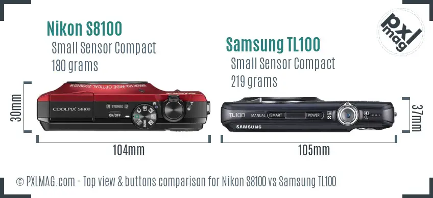 Nikon S8100 vs Samsung TL100 top view buttons comparison