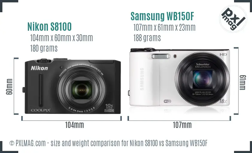 Nikon S8100 vs Samsung WB150F size comparison