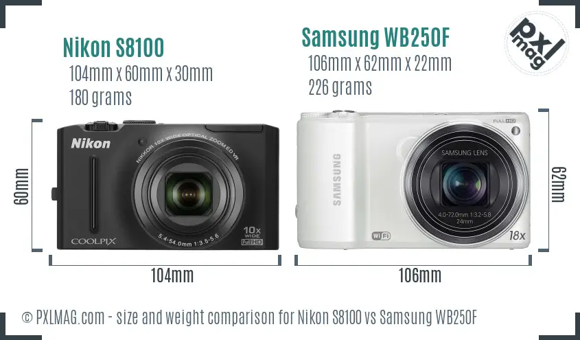 Nikon S8100 vs Samsung WB250F size comparison