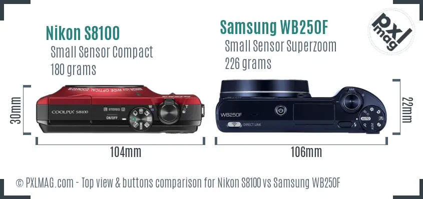 Nikon S8100 vs Samsung WB250F top view buttons comparison