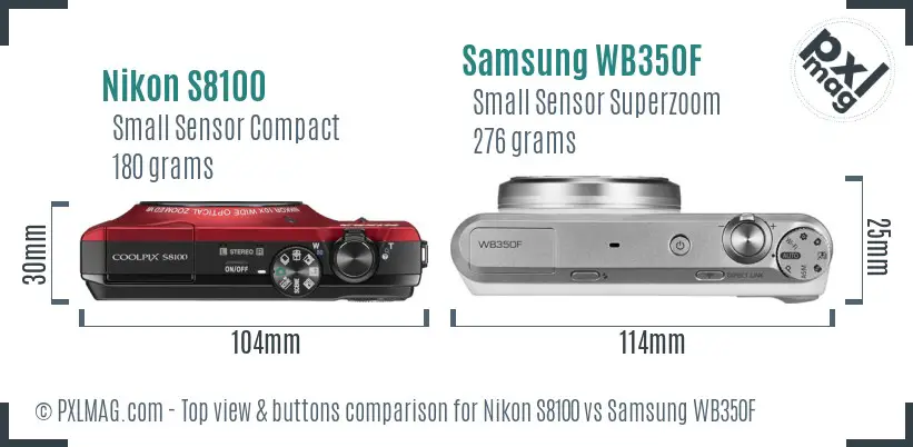 Nikon S8100 vs Samsung WB350F top view buttons comparison Nikon S8100 vs Samsung WB350F top view buttons comparison