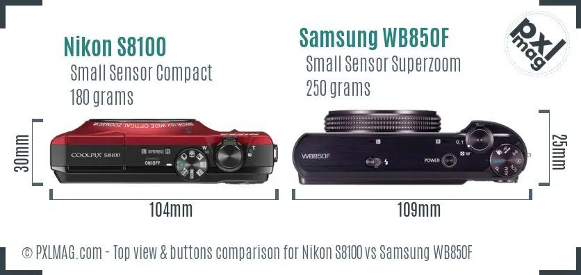 Nikon S8100 vs Samsung WB850F top view buttons comparison