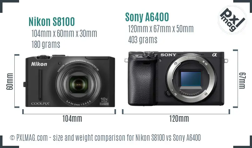 Nikon S8100 vs Sony A6400 size comparison