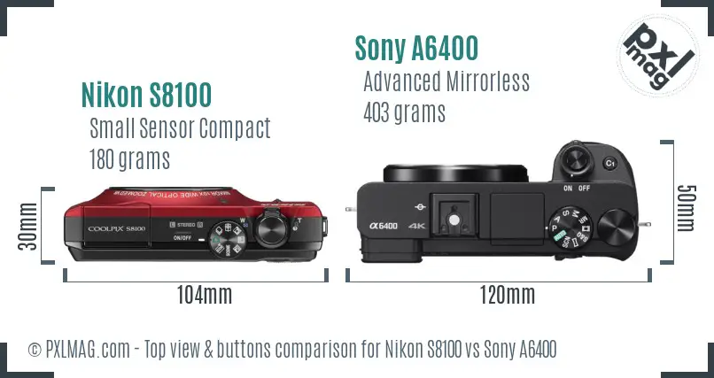 Nikon S8100 vs Sony A6400 top view buttons comparison