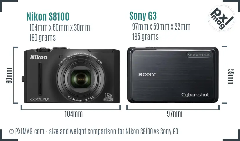 Nikon S8100 vs Sony G3 size comparison