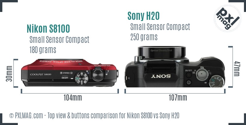 Nikon S8100 vs Sony H20 top view buttons comparison