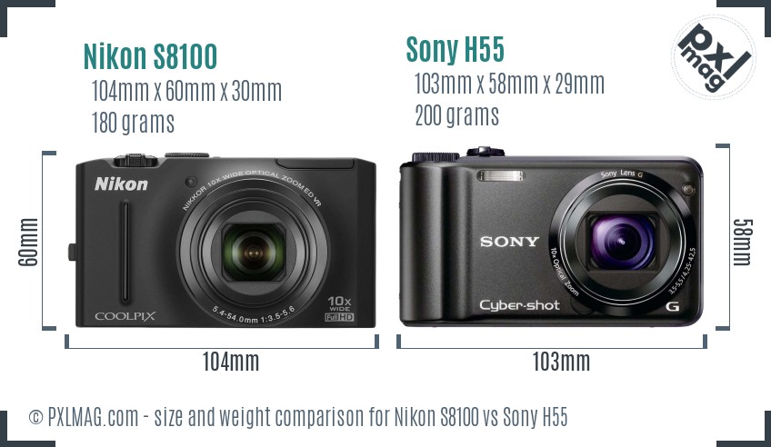 Nikon S8100 vs Sony H55 size comparison