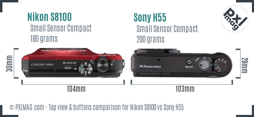 Nikon S8100 vs Sony H55 top view buttons comparison