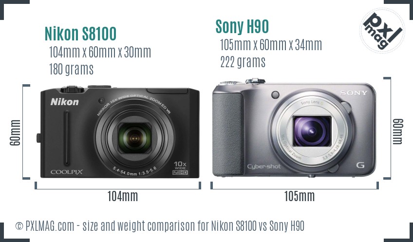 Nikon S8100 vs Sony H90 size comparison