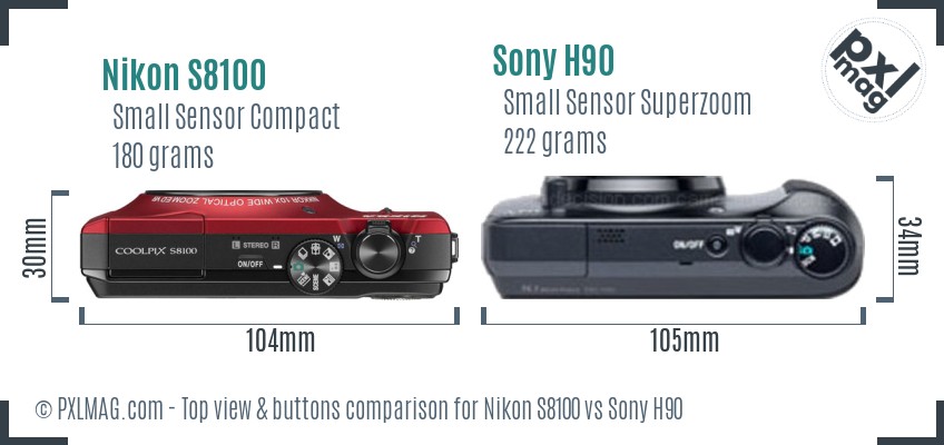 Nikon S8100 vs Sony H90 top view buttons comparison