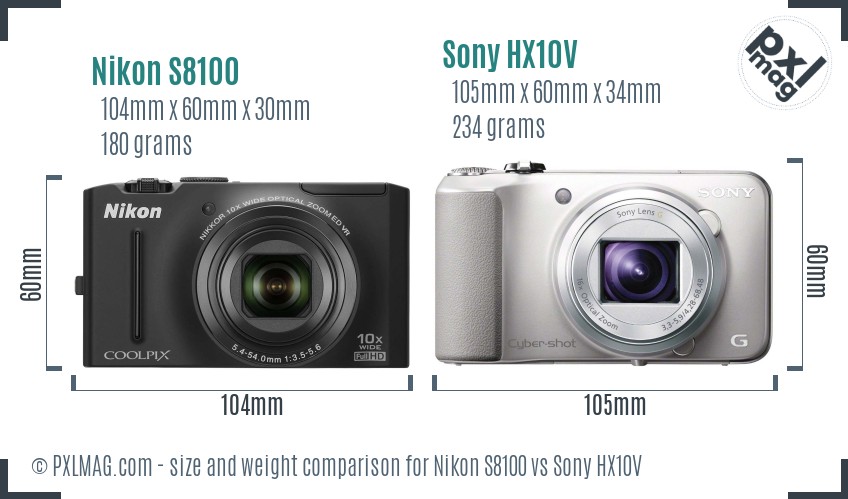 Nikon S8100 vs Sony HX10V size comparison