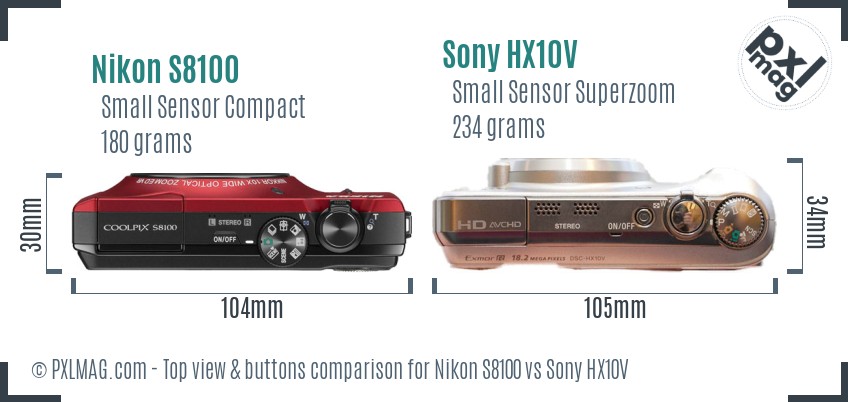 Nikon S8100 vs Sony HX10V top view buttons comparison