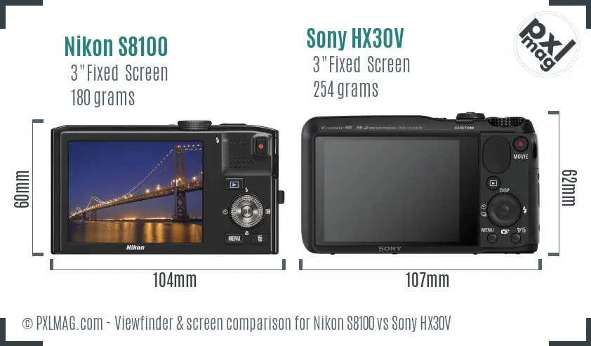Nikon S8100 vs Sony HX30V Screen and Viewfinder comparison