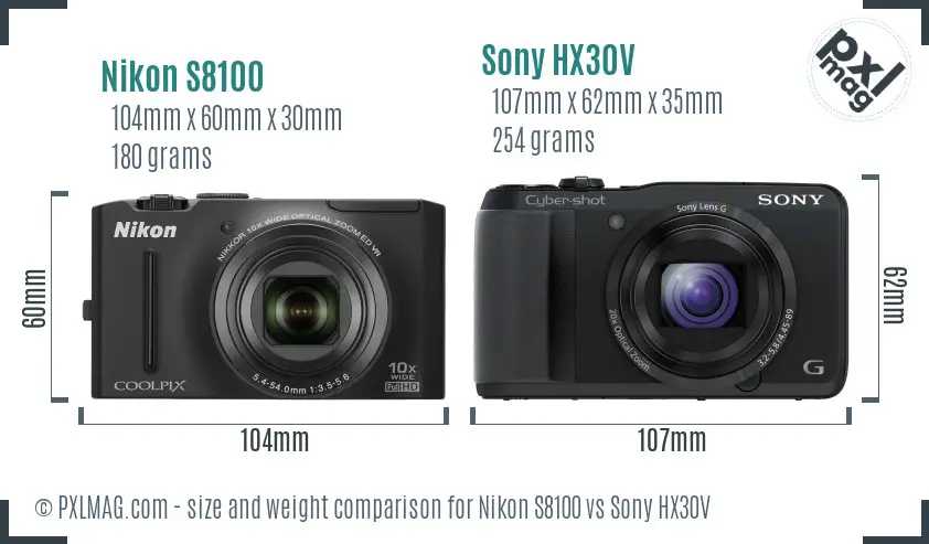 Nikon S8100 vs Sony HX30V size comparison