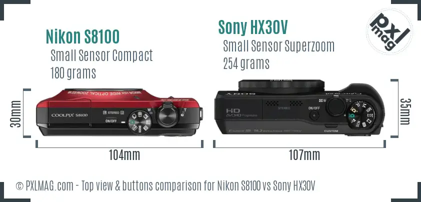 Nikon S8100 vs Sony HX30V top view buttons comparison