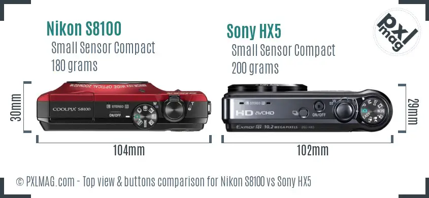 Nikon S8100 vs Sony HX5 top view buttons comparison