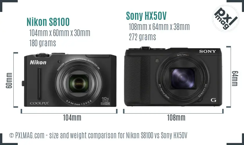 Nikon S8100 vs Sony HX50V size comparison