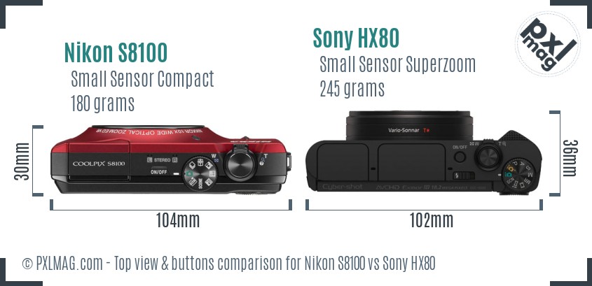 Nikon S8100 vs Sony HX80 top view buttons comparison