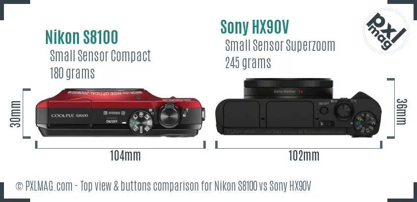 Nikon S8100 vs Sony HX90V top view buttons comparison Nikon S8100 vs Sony HX90V top view buttons comparison