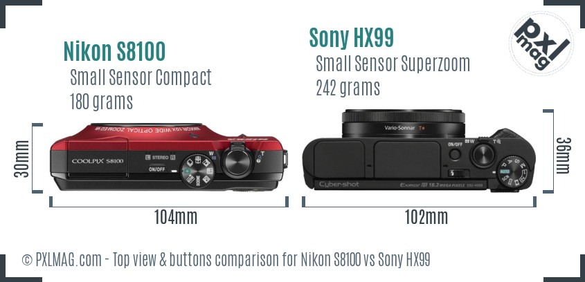 Nikon S8100 vs Sony HX99 top view buttons comparison