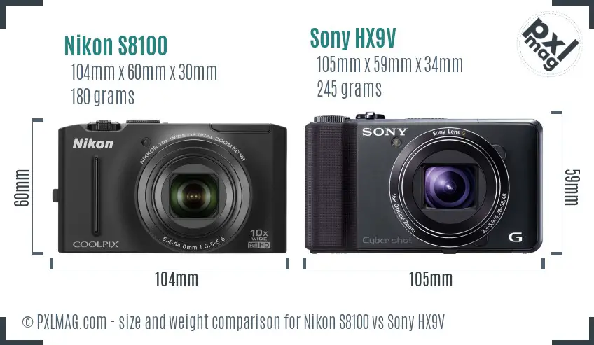 Nikon S8100 vs Sony HX9V size comparison Nikon S8100 vs Sony HX9V size comparison