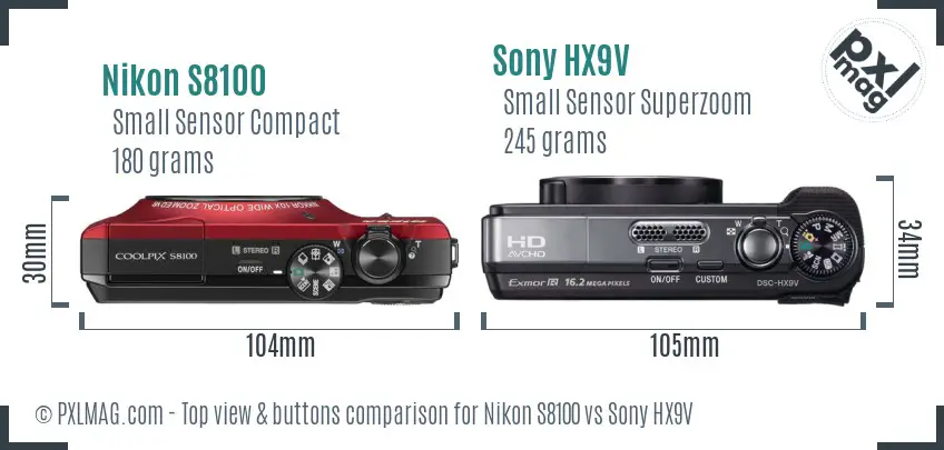 Nikon S8100 vs Sony HX9V top view buttons comparison Nikon S8100 vs Sony HX9V top view buttons comparison