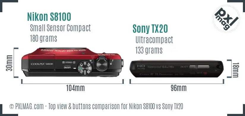 Nikon S8100 vs Sony TX20 top view buttons comparison