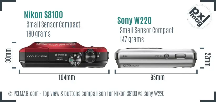 Nikon S8100 vs Sony W220 top view buttons comparison