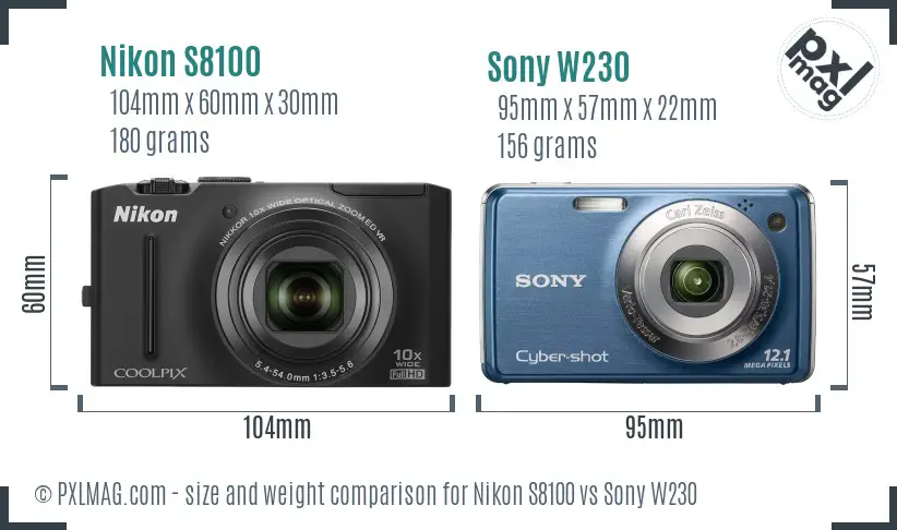 Nikon S8100 vs Sony W230 size comparison