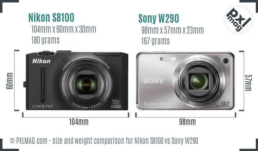Nikon S8100 vs Sony W290 size comparison
