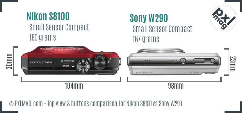Nikon S8100 vs Sony W290 top view buttons comparison