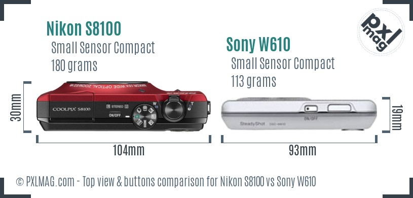 Nikon S8100 vs Sony W610 top view buttons comparison