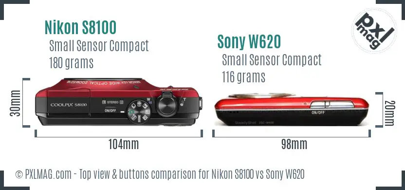 Nikon S8100 vs Sony W620 top view buttons comparison Nikon S8100 vs Sony W620 top view buttons comparison