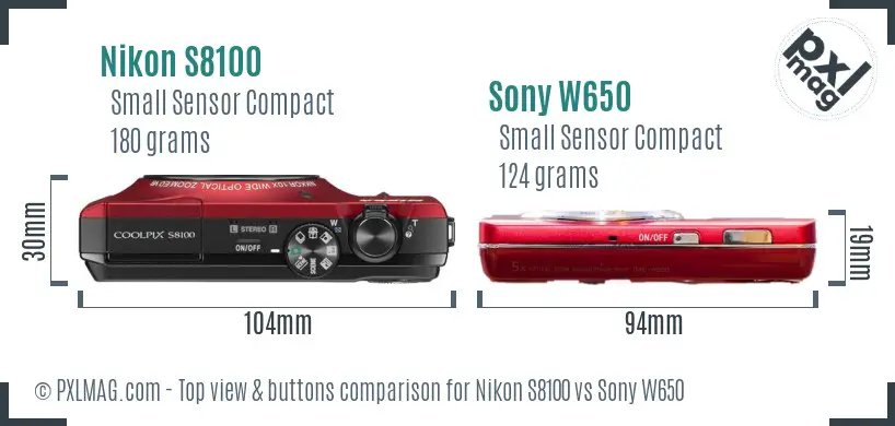 Nikon S8100 vs Sony W650 top view buttons comparison