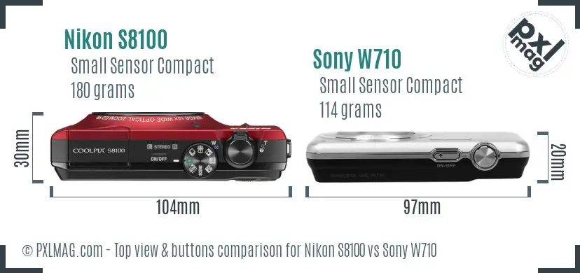 Nikon S8100 vs Sony W710 top view buttons comparison Nikon S8100 vs Sony W710 top view buttons comparison