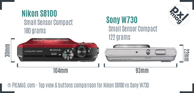 Nikon S8100 vs Sony W730 top view buttons comparison