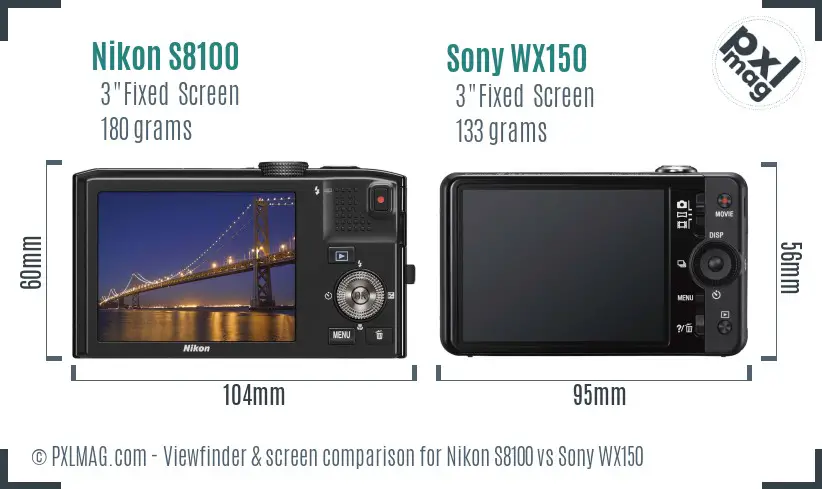 Nikon S8100 vs Sony WX150 Screen and Viewfinder comparison