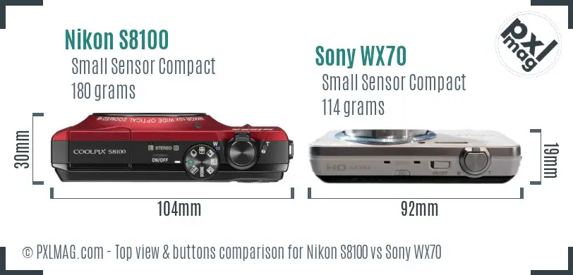 Nikon S8100 vs Sony WX70 top view buttons comparison Nikon S8100 vs Sony WX70 top view buttons comparison
