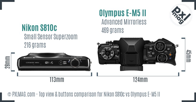 Nikon S810c vs Olympus E-M5 II top view buttons comparison