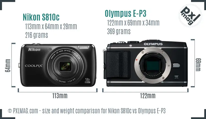 Nikon S810c vs Olympus E-P3 size comparison