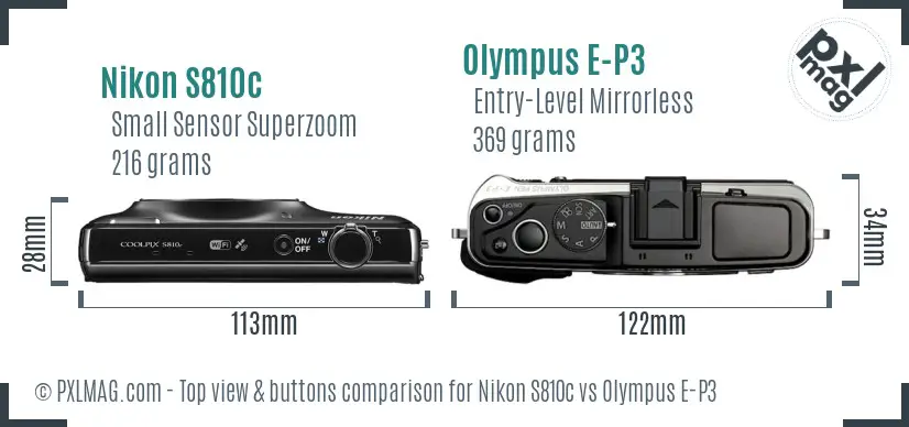 Nikon S810c vs Olympus E-P3 top view buttons comparison